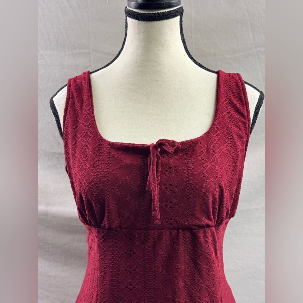 Square Neck  Eyelet  A-Line Sun Dress Burgundy - Picture 9 of 10